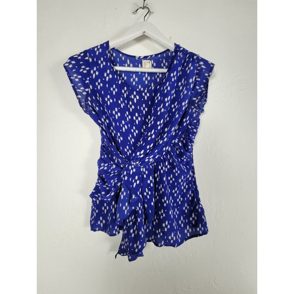 Edme & Esyllte Womens Blue & White 100% Silk Short Sleeve Ruffle Wrap Top Size 2